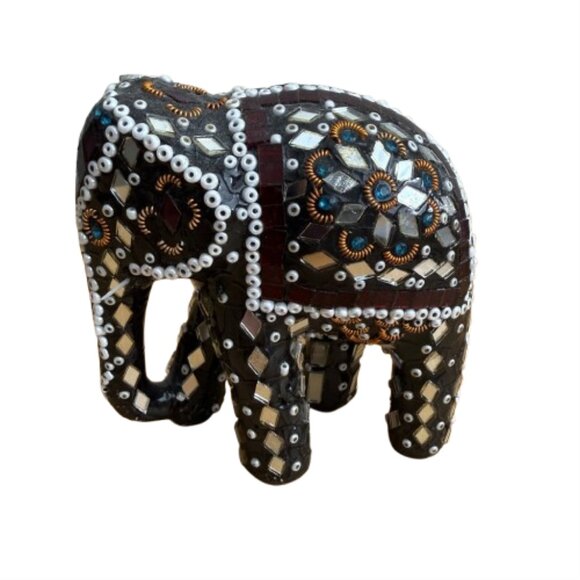 Other - Handmade Indian Mirror Glass & Bead Embellished Elephant Figurine NWOT